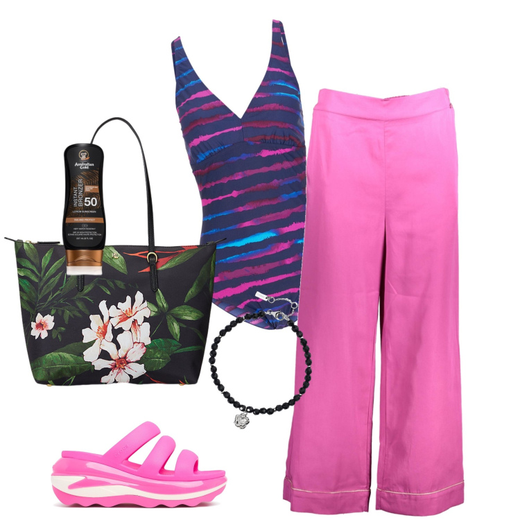 Outfit donna - Il costume diventa top. Stile Trendy per Mare. Abbinamento con costumi interi, terre, braccialetti, borse tote, pantaloni, ciabatte.