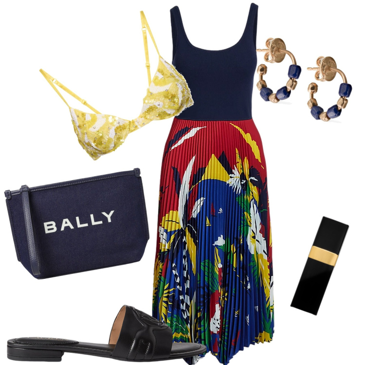 Outfit donna - Abito plissettato. Stile Glamour per Serata fuori. Abbinamento con profumi, vestiti senza maniche, sandali in pelle, orecchini, reggiseni, clutch.