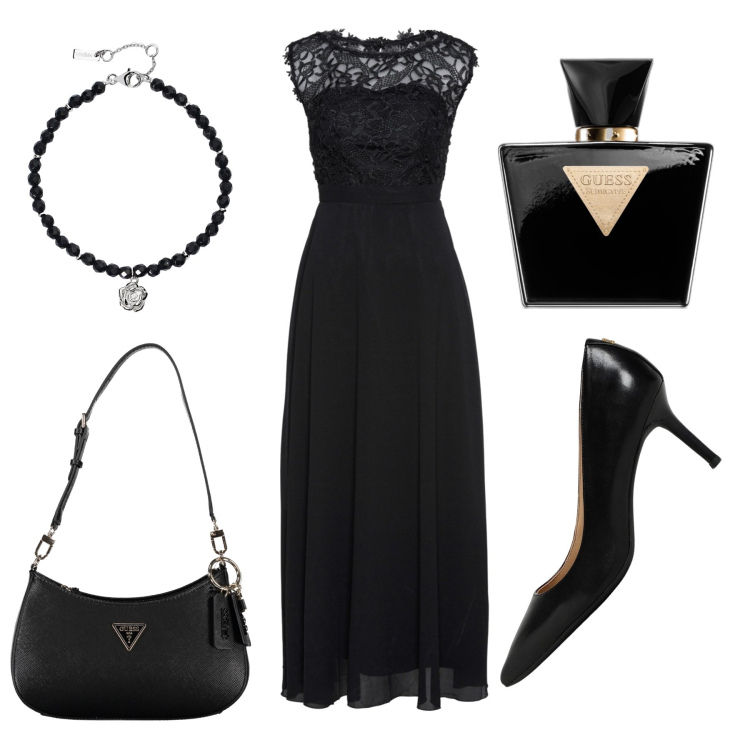 Outfit donna - Black. Stile Casual chic per Serata fuori. Abbinamento con vestiti lunghi, profumi, braccialetti, décolleté, borse a spalla.