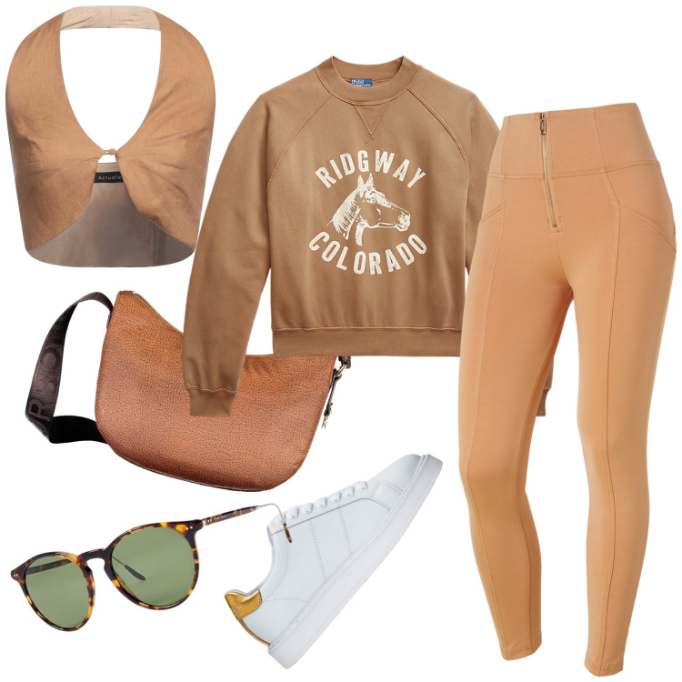 Outfit donna - Total look #1919554. Stile Sporty chic per Sport. Abbinamento con top, pantaloni skinny, sneakers, occhiali da sole, felpe, borse a tracolla.