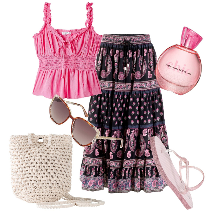 Outfit donna - Total look #1919559. Stile Boho per Tutti i giorni. look ideale per Tall. Abbinamento con gonne lunghe, borse a tracolla, profumi, sandali, top, occhiali da sole.