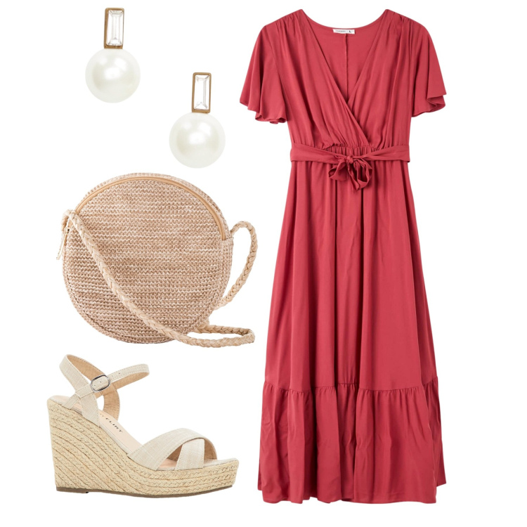 Outfit donna - Passeggiata in rosso. Stile Bon Ton per Tutti i giorni. Abbinamento con borse a tracolla, sandali, vestiti lunghi, orecchini.