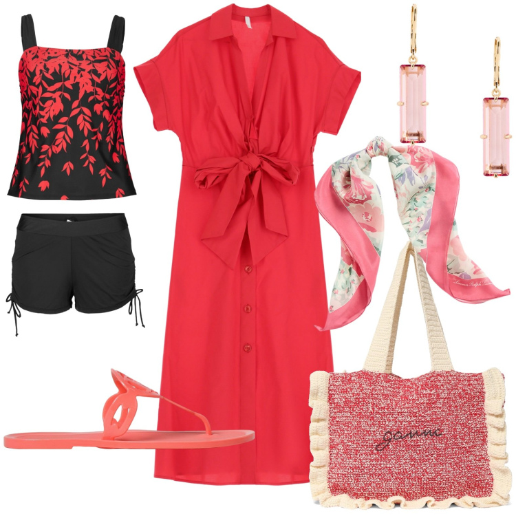 Outfit donna - Total look #1919569. Stile Casual chic per Tutti i giorni. Abbinamento con costumi interi, vestiti midi/longuette, foulard, orecchini, shopping bag, ciabatte.