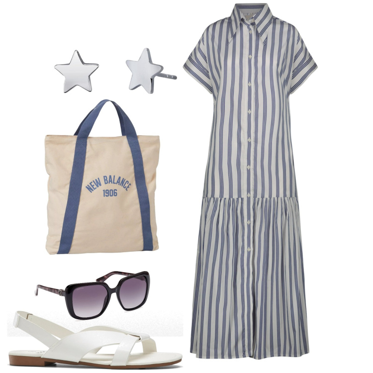 Outfit donna - Righe e stelle in ufficio. Stile Bon Ton per Ufficio. Abbinamento con sandali, orecchini, borse a mano, vestiti chemisier, occhiali da sole.