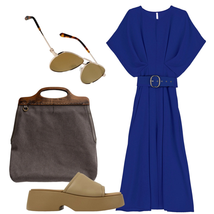 Outfit donna - Blu di Prussia. Stile Chic per Tutti i giorni. Abbinamento con vestiti midi/longuette, borse a tracolla, sandali in pelle, occhiali da sole.