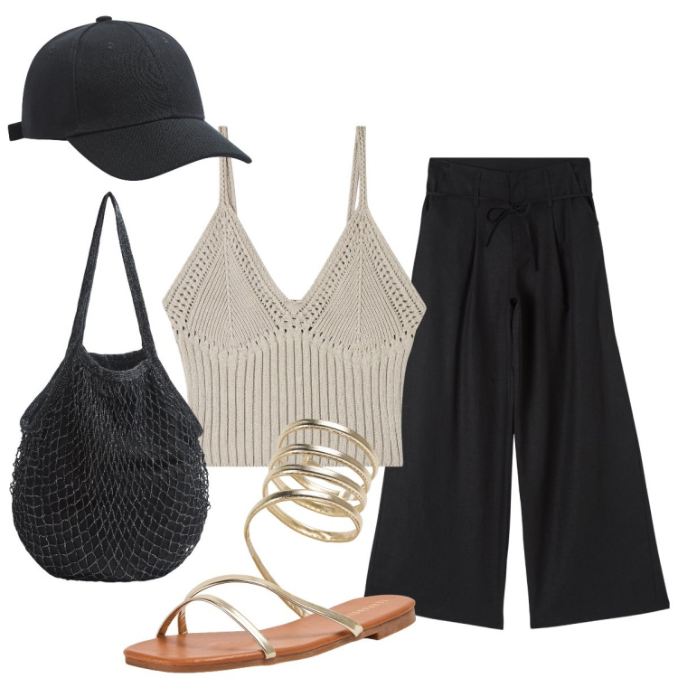 Outfit donna - Total look #1919583. Stile Casual chic per Tutti i giorni. Abbinamento con cappelli, top, pantaloni, borse a tracolla, sandali.