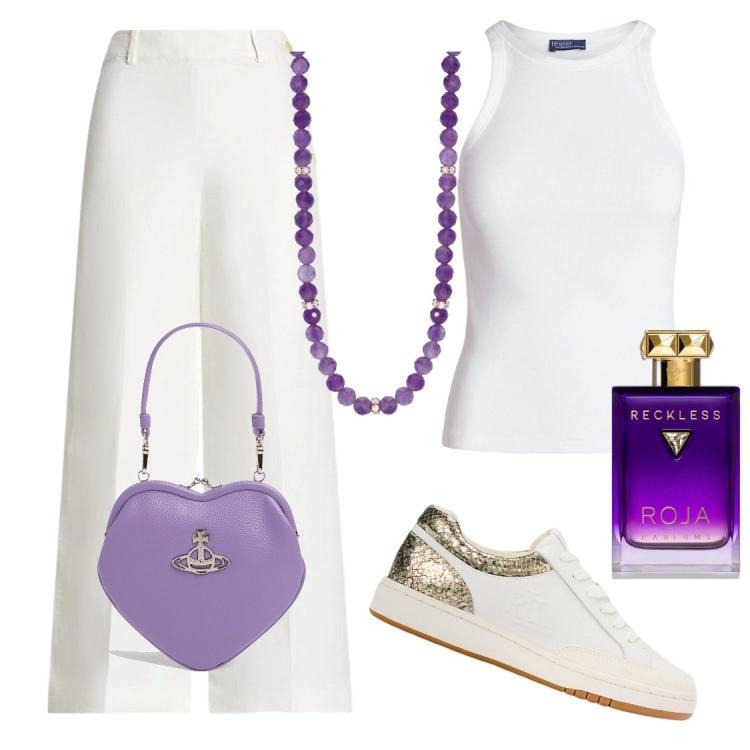 Outfit donna - Casual ma chic. Stile Casual chic per Tutti i giorni. Abbinamento con profumi, collane, canottiere, pantaloni, sneakers, borse a mano.