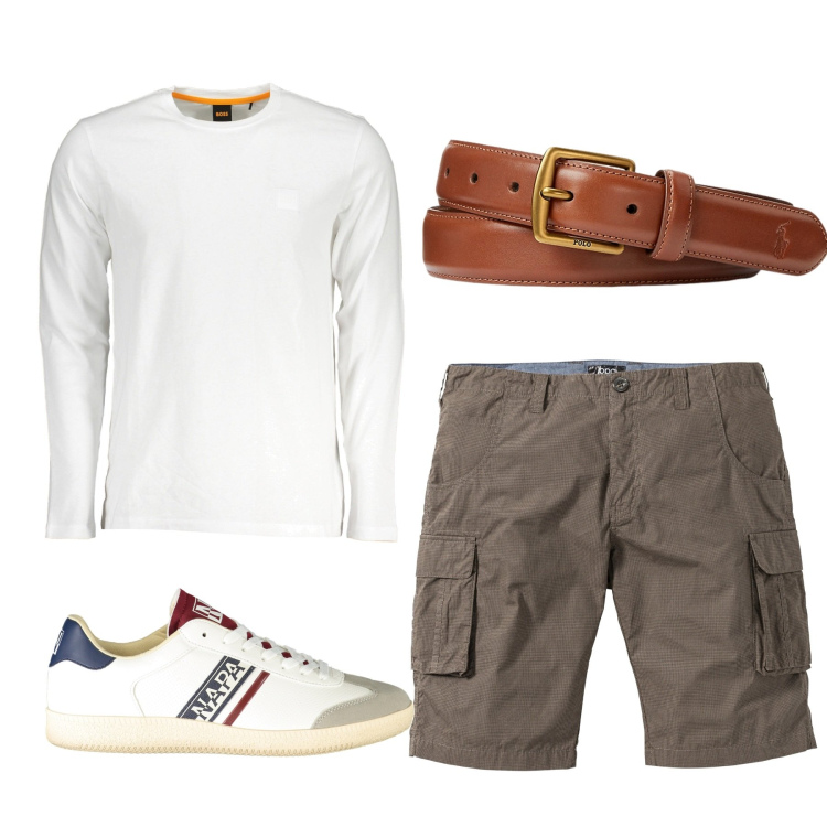 Outfit uomo - Total look. Stile Casual per Tutti i giorni. Abbinamento con bermuda, cinture, t-shirt, sneakers.