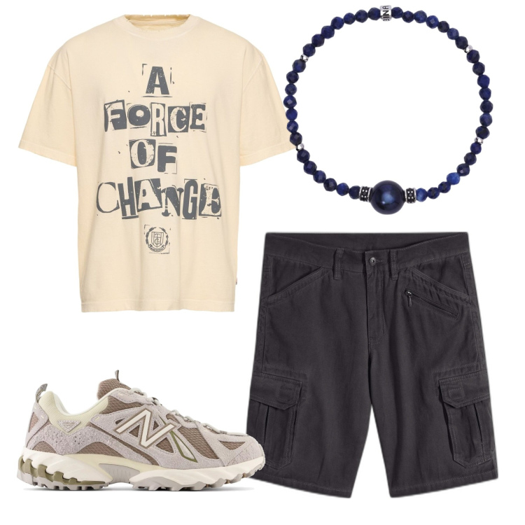 Outfit uomo - Change. Stile Casual per Tutti i giorni. Abbinamento con bermuda, braccialetti, sneakers, t-shirt.