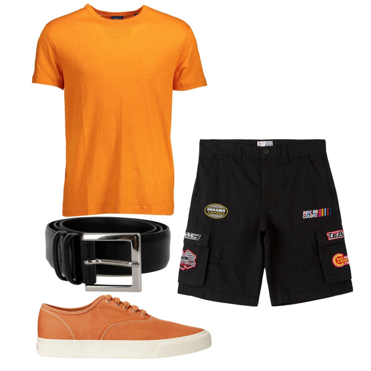 Outfit uomo - Total look. Stile Urban per Tutti i giorni. Abbinamento con bermuda, sneakers, t-shirt, cinture.