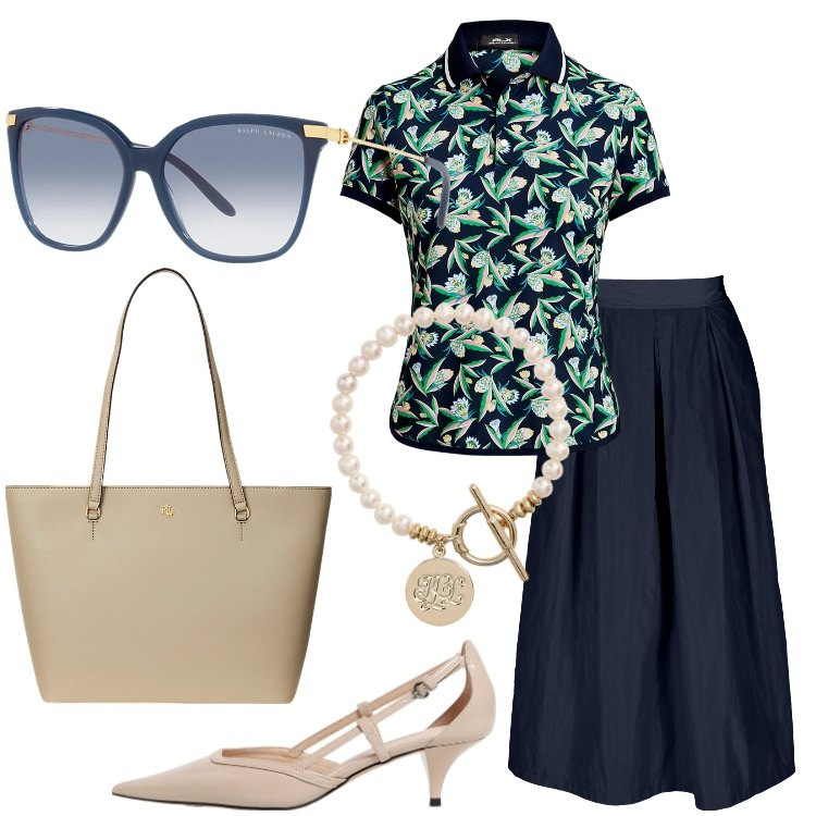 Outfit donna - Una polo in ufficio. Stile Bon Ton per Ufficio. Abbinamento con borse tote, polo, occhiali da sole, braccialetti, scarpe col tacco, gonne.