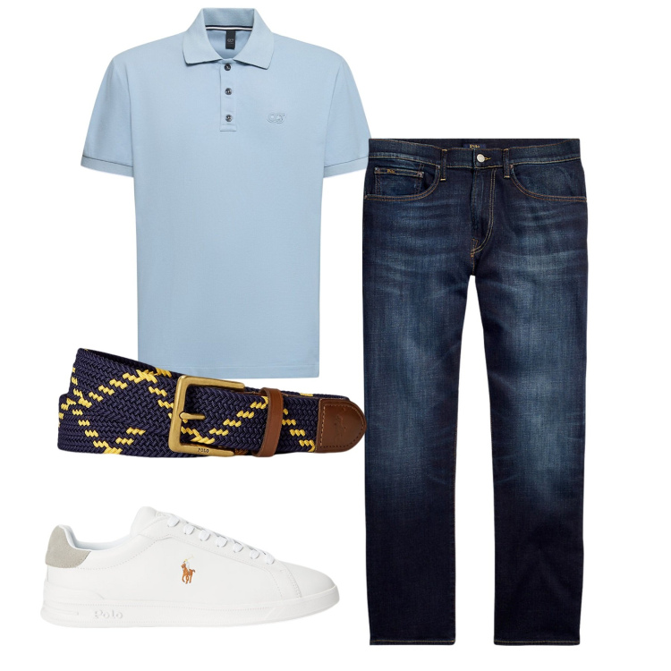Outfit uomo - Total look. Stile Casual per Tutti i giorni. Abbinamento con jeans dritti, sneakers, cinture, polo.