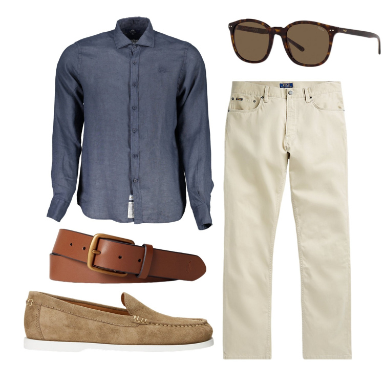Outfit uomo - In centro. Stile Casual per Tutti i giorni. Abbinamento con cinture, occhiali da sole, scarpe stringate, pantaloni, camicie.