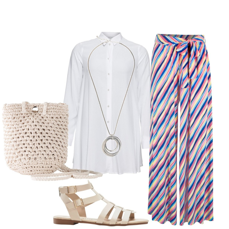 Outfit donna - Total look #1919626. Stile Chic per Tutti i giorni. Abbinamento con pantaloni a palazzo, camicie, sandali, collane, borse a tracolla.