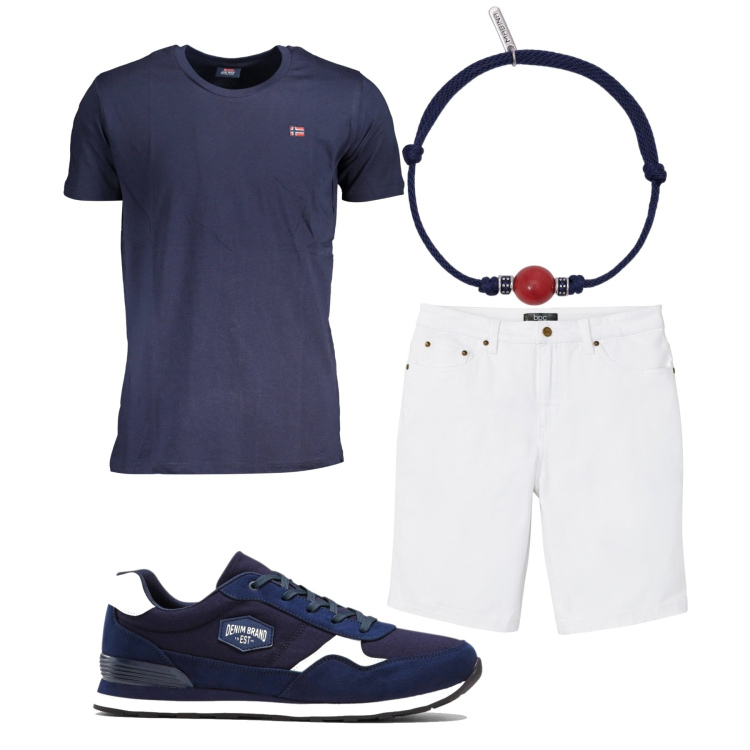Outfit uomo - Total look. Stile Casual per Tutti i giorni. Abbinamento con bermuda, sneakers, braccialetti, t-shirt.