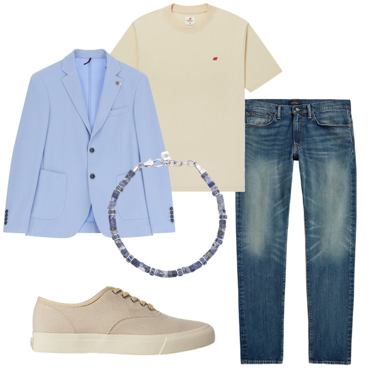 Outfit uomo - A cena. Stile Trendy per Serata speciale. Abbinamento con braccialetti, t-shirt, giacche, sneakers, jeans.