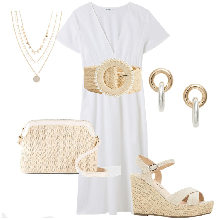 Outfit donna - Zeppe + abito. Stile Boho per Tutti i giorni. Abbinamento con collane, sandali, borse a tracolla, vestiti lunghi, cinture, orecchini.