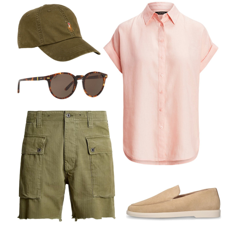 Outfit uomo - Bermuda e scarpe da barca. Stile Casual per Tutti i giorni. Abbinamento con occhiali da sole, shorts, cappelli, camicie a manica corta, scarpe stringate.