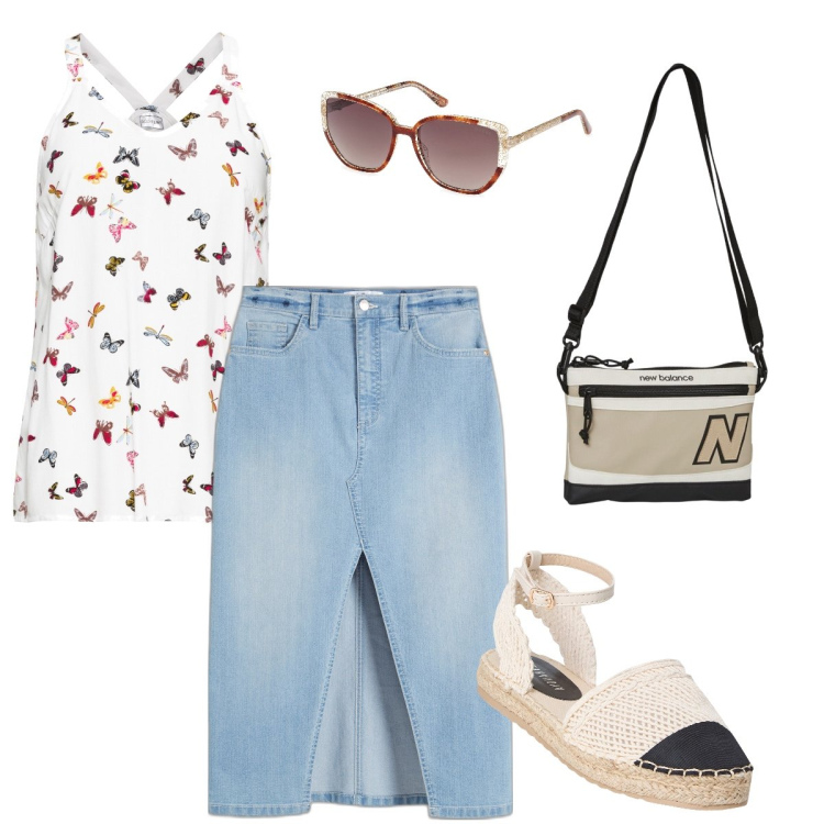 Outfit donna - Il top con le farfalle. Stile Casual chic per Tutti i giorni. Abbinamento con top, gonne longuette, espadrillas, borse a spalla, occhiali da sole.
