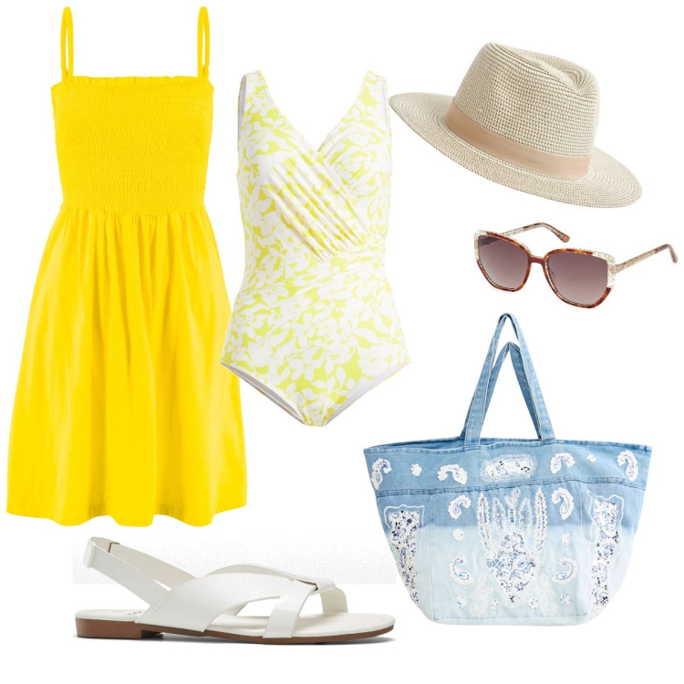 Outfit donna - Total look #1919849. Stile Casual per Mare. Abbinamento con sandali, vestiti, costumi interi, shopping bag, cappelli, occhiali da sole.