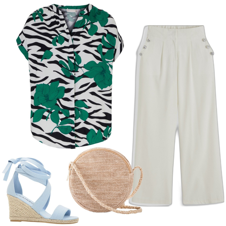 Outfit donna - Sogno d\'estate. Stile Basic per Tutti i giorni. Abbinamento con borse a tracolla, pantaloni, camicie, sandali.