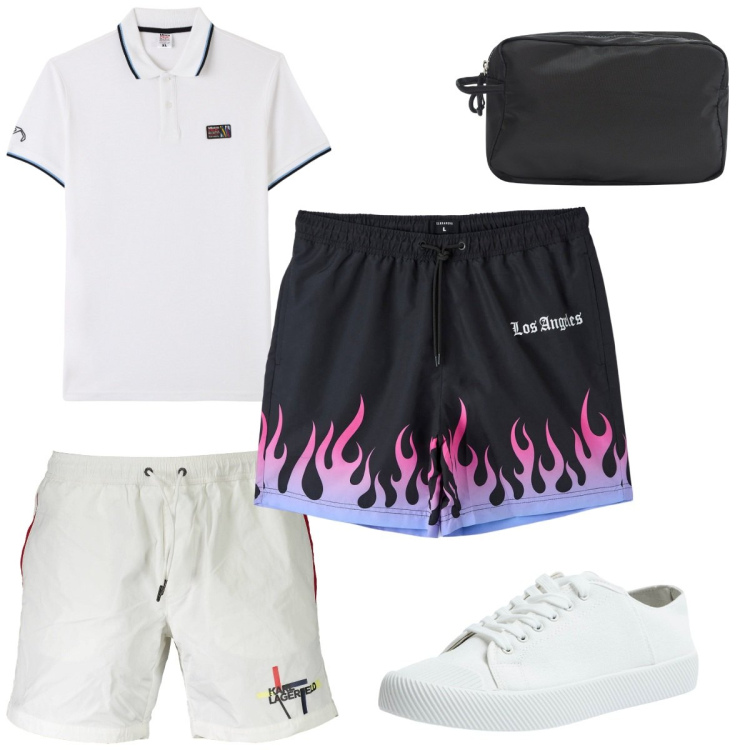 Outfit uomo - Total look #1919866. Stile Trendy per Mare. Abbinamento con polo, sneakers, bermuda, borse sportive, costumi.
