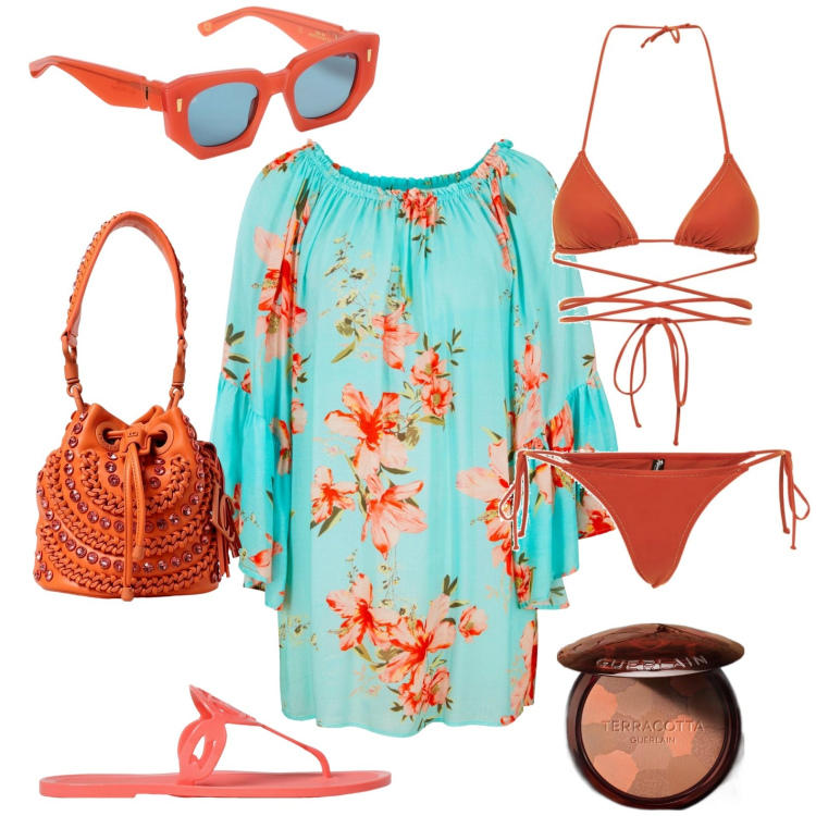 Outfit donna - Sunshine beach style. Stile Etnico per Mare. Abbinamento con vestiti da spiaggia, terre, bikini, borse a mano, occhiali da sole, ciabatte.