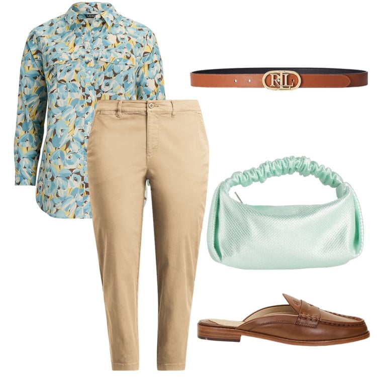 Outfit donna - La camicia florale. Stile Trendy per Ufficio. Abbinamento con borse a mano, cinture, camicie, pantaloni chino, mocassini.