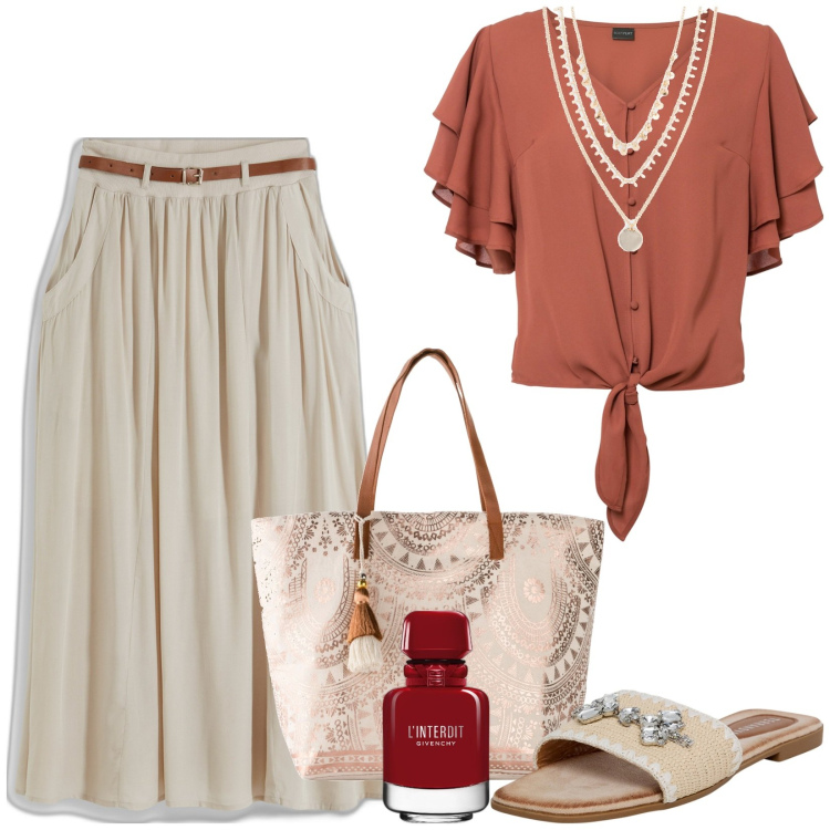 Outfit donna - Total look #1919880. Stile Boho per Tutti i giorni. Abbinamento con collane, camicie, gonne lunghe, shopping bag, profumi, ciabatte.