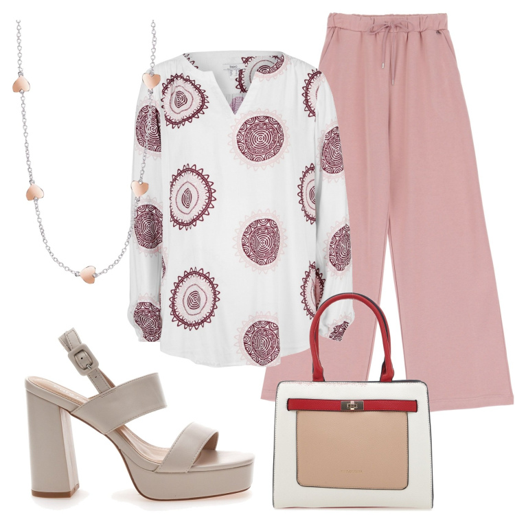 Outfit donna - Summer sales. Stile Romantica per Tutti i giorni. Abbinamento con tuniche, collane, pantaloni, sandali col tacco, borse a spalla.