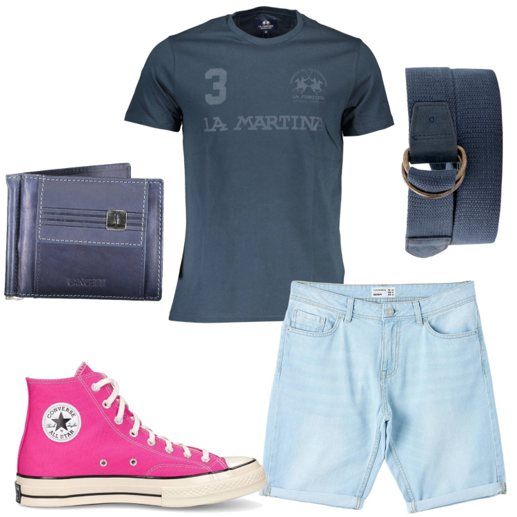 Outfit uomo - Bermuda in jeans. Stile Casual per Tutti i giorni. Abbinamento con bermuda, sneakers, t-shirt, portafogli, cinture.