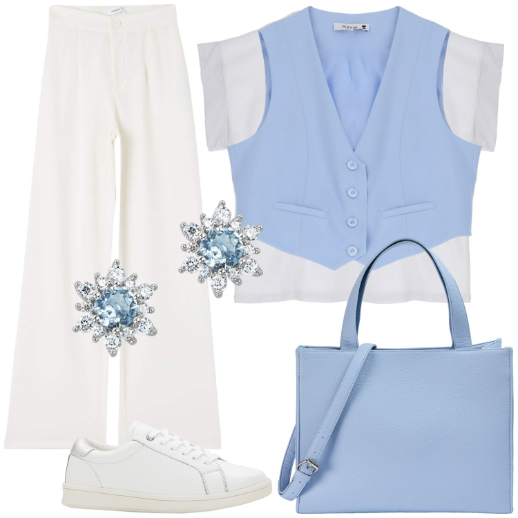 Outfit donna - Total look #1919901. Stile Casual chic per Tutti i giorni. Abbinamento con sneakers, pantaloni, shopping bag, orecchini, gilet, t-shirt.