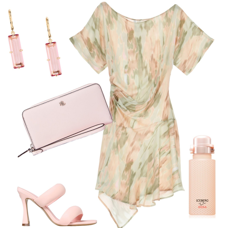 Outfit donna - Coi toni del cipria sempre ok. Stile Romantica per Cerimonia. Abbinamento con profumi, vestiti corti, pochette, orecchini, sandali in pelle.