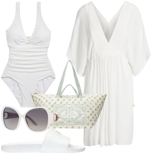 Outfit donna - Candida al mare. Stile Chic per Mare. Abbinamento con occhiali da sole, costumi interi, vestiti da spiaggia, borse tote, ciabatte.
