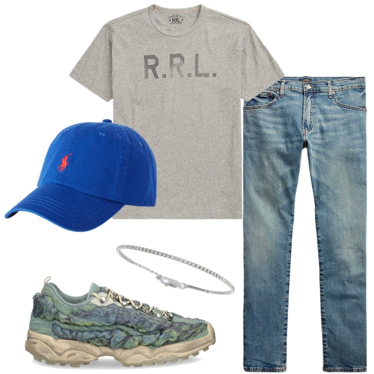Outfit uomo - Sneackers fashion. Stile Casual per Tutti i giorni. Abbinamento con braccialetti, cappelli, t-shirt, jeans, sneakers.