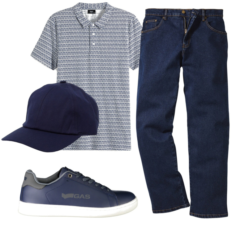 Outfit uomo - Total look #1920089. Stile Casual per Ufficio. Abbinamento con jeans dritti, polo, sneakers, cappelli.