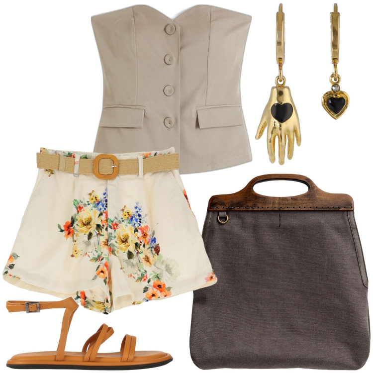 Outfit donna - Cocktail party in stile Bohemien. Stile Vintage retrò per Tutti i giorni. Abbinamento con top, sandali in pelle, shorts, borse a tracolla, orecchini.
