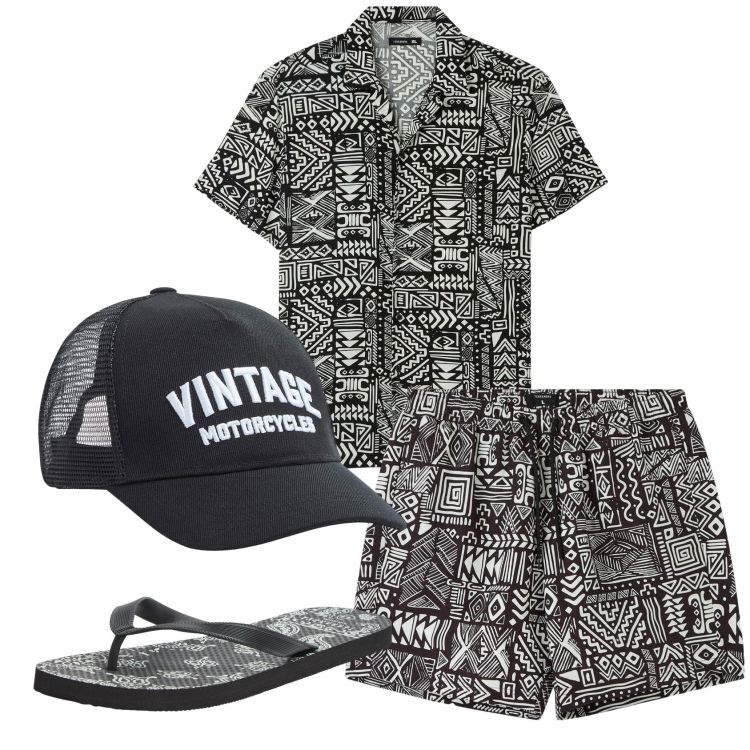 Outfit uomo - Total look #1920123. Stile Trendy per Mare. Abbinamento con sandali, cappelli, camicie a manica corta, bermuda.