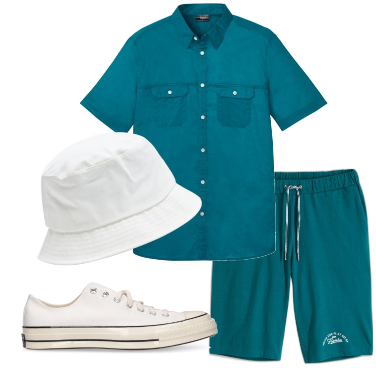 Outfit uomo - Total look #1920273. Stile Casual per Tutti i giorni. Abbinamento con bermuda, camicie a manica corta, cappelli, sneakers.