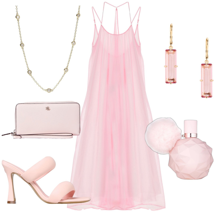 Outfit donna - Total look #1920325. Stile Chic per Serata fuori. Abbinamento con profumi, collane, vestiti lunghi, pochette, orecchini, sandali in pelle.