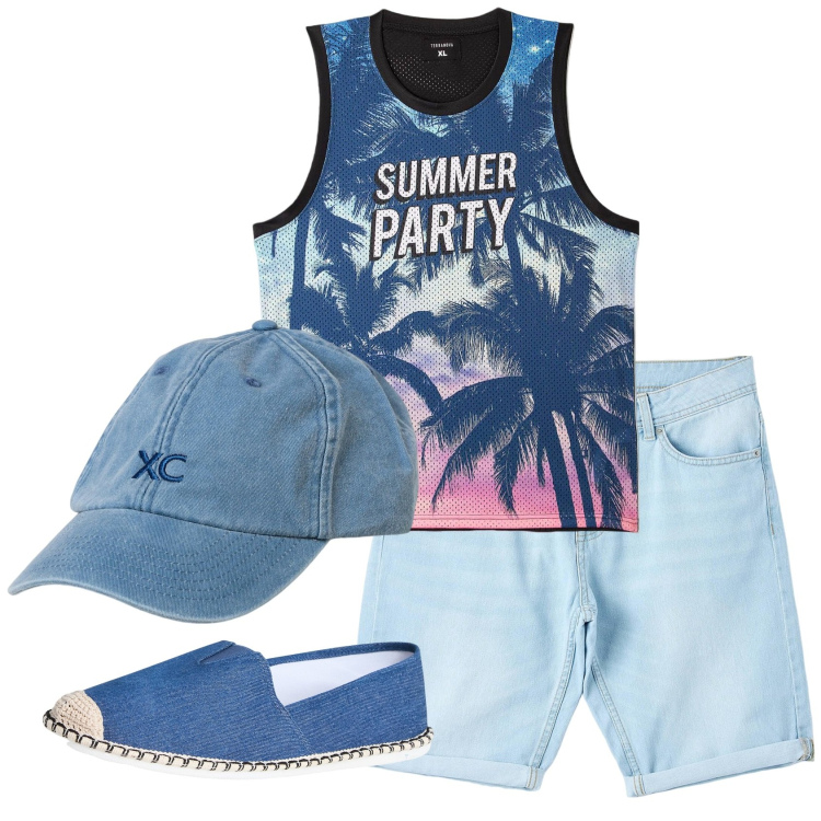 Outfit uomo - Total look #1920331. Stile Casual per Mare. Abbinamento con bermuda, espadrillas, canottiere, cappelli.