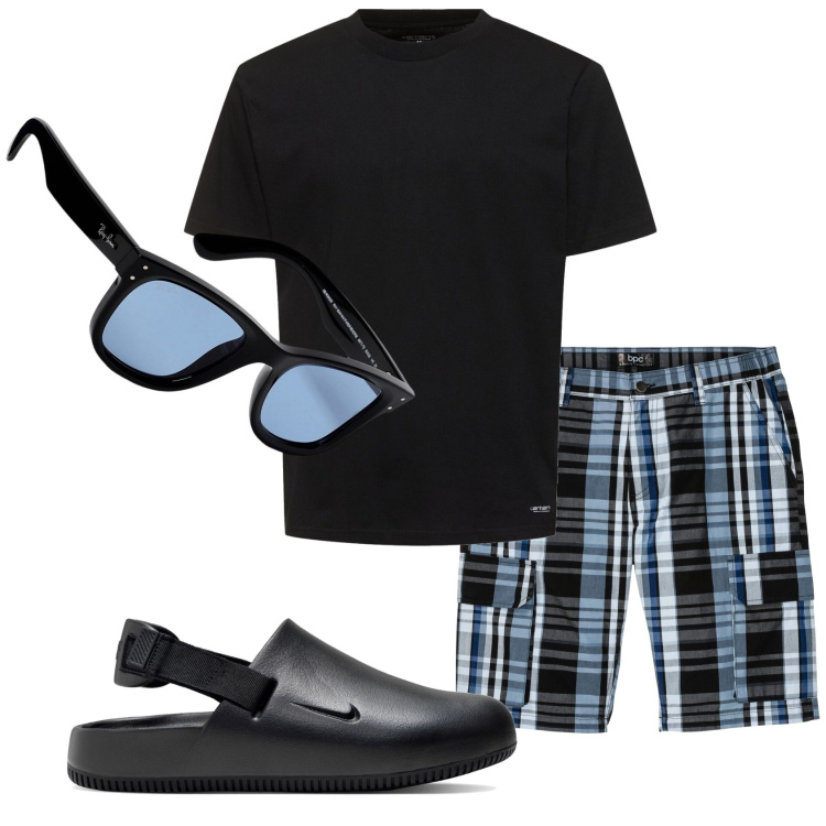 Outfit uomo - Total look #1920392. Stile Casual per Mare. Abbinamento con bermuda, t-shirt, pantofole, occhiali da sole.