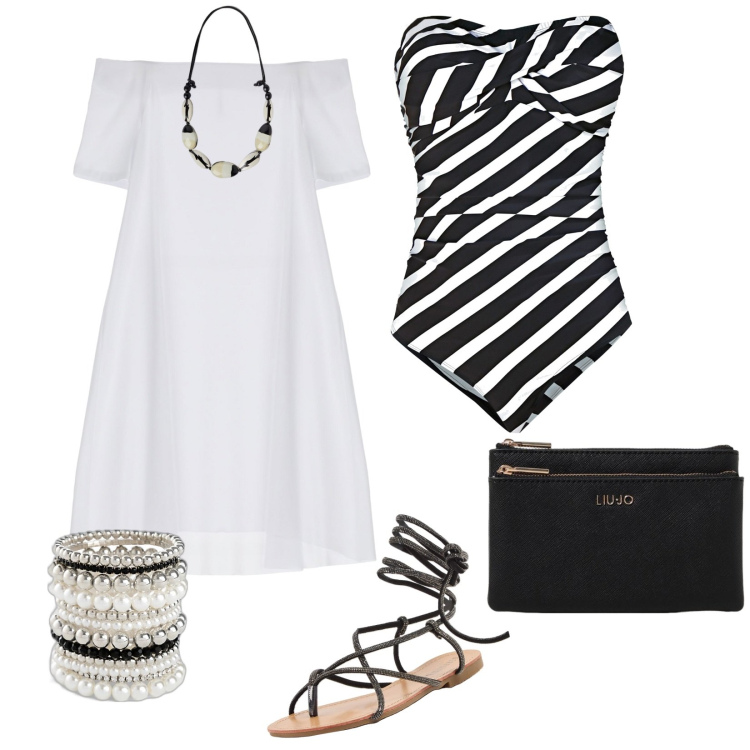 Outfit donna - Chic. Stile Chic per Mare. Abbinamento con braccialetti, costumi interi, sandali alla schiava, vestiti corti, pochette, collane.