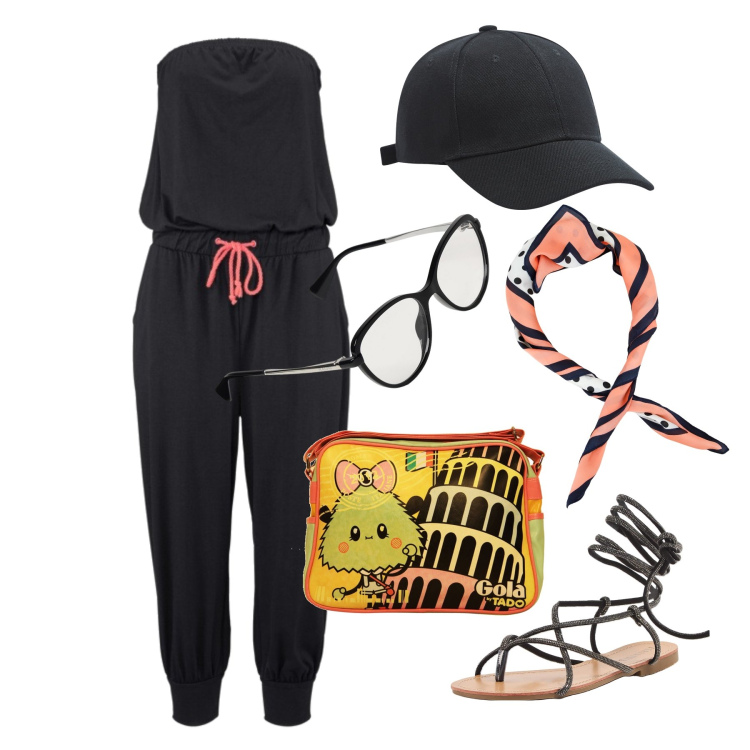 Outfit donna - Ghost outfitter - luglio. Stile Sporty chic per Tutti i giorni. Abbinamento con tute, cappelli, sandali alla schiava, foulard, borse a spalla, occhiali.