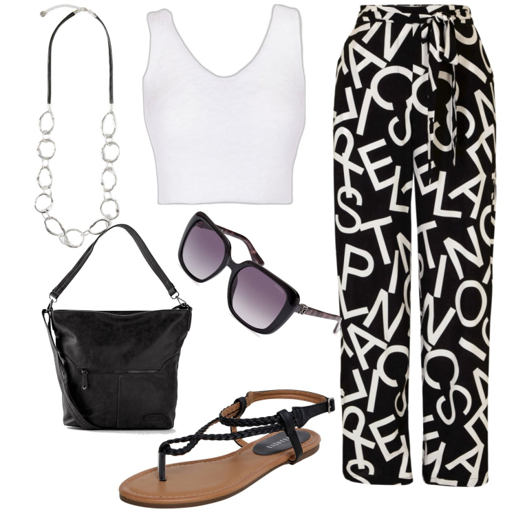 Outfit donna - Per tutti i giorni. Stile Glamour per Tutti i giorni. Abbinamento con pantaloni, borse a tracolla, ciabatte, top, occhiali da sole, collane.