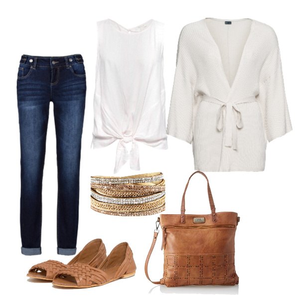 Outfit donna - Basic #17324. Stile Basic per Tutti i giorni. Abbinamento con jeans boyfriend, cardigan, bracciale con strass beige, camicia rosa e pastello, borsa a mano marrone, scarpe collo aperto suola piatta.