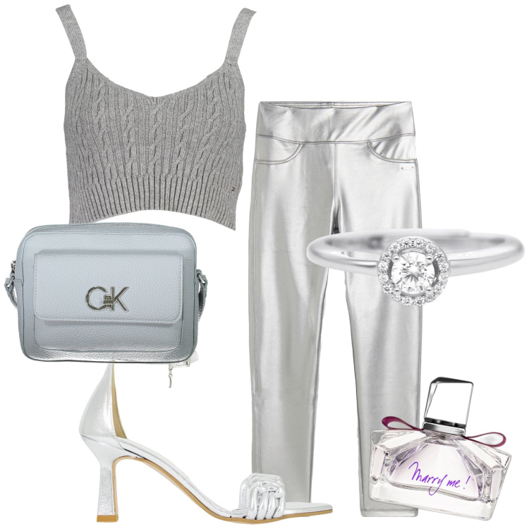 Outfit donna - Proposta silver. Stile Glamour per Serata fuori. Abbinamento con profumi, anelli, décolleté, leggings, borse a tracolla, top.