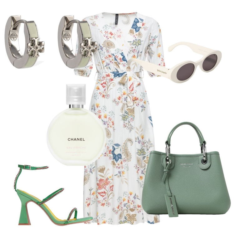 Outfit donna - La delicata fantasia floreale. Stile Chic per Tutti i giorni. Abbinamento con vestiti midi/longuette, sandali col tacco, profumi, occhiali da sole, borse tote, orecchini.