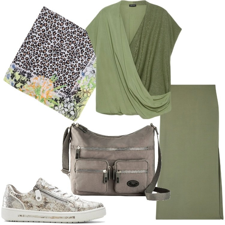 Outfit donna - Verde foresta. Stile Basic per Tutti i giorni. Abbinamento con borse a tracolla, sneakers, gonne lunghe, bluse, sciarpe.
