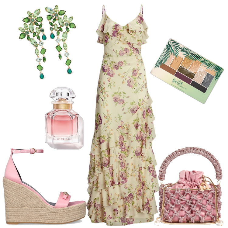 Outfit donna - Abito e zeppe. Stile Romantica per Serata fuori. Abbinamento con ombretti, profumi, vestiti senza maniche, zeppe, borse a mano, orecchini.